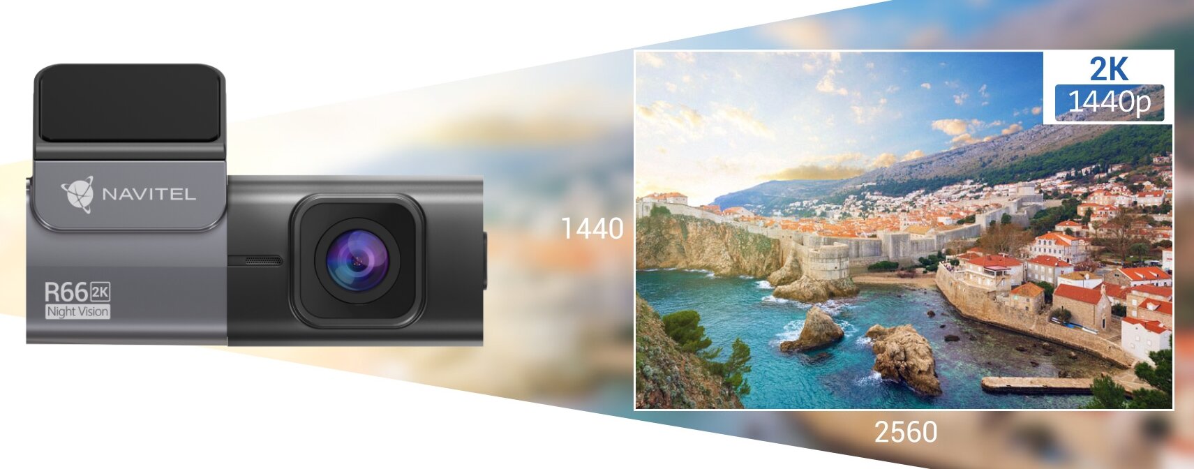 Obraz przedstawia wideorejestrator z logo NAVITEL i oznaczeniem R66 2K Night Vision. Obok znajduje się zdjęcie krajobrazu z oznaczeniami rozdzielczości 2560x1440 i 2K 1440p.