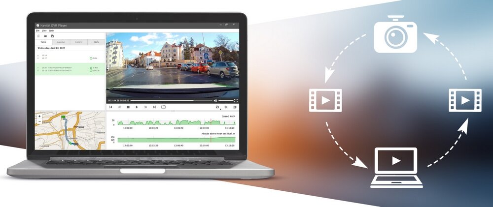 Obraz przedstawia laptop z wyświetlonym interfejsem programu do analizy nagrań z wideorejestratora, z widocznym nagraniem drogi, mapą oraz wykresami. Obok laptopa znajduje się schematyczna ilustracja procesu zapisu i odtwarzania nagrań z wideorejestratora na komputerze.