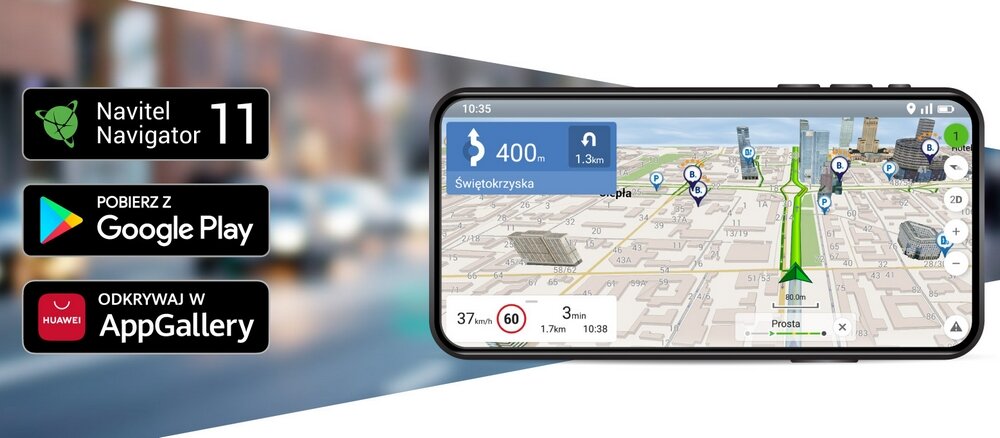 Obraz przedstawia ekran nawigacji z mapą 3D i trasą zaznaczoną zieloną linią. Po lewej stronie widoczne są logotypy: Navitel Navigator 11, Pobierz z Google Play, Odkrywaj w AppGallery.