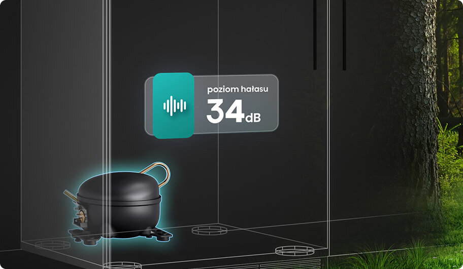 Obraz przedstawia wnętrze lodówki z widocznym kompresorem oraz informacją \'poziom hałasu 34 dB\'.