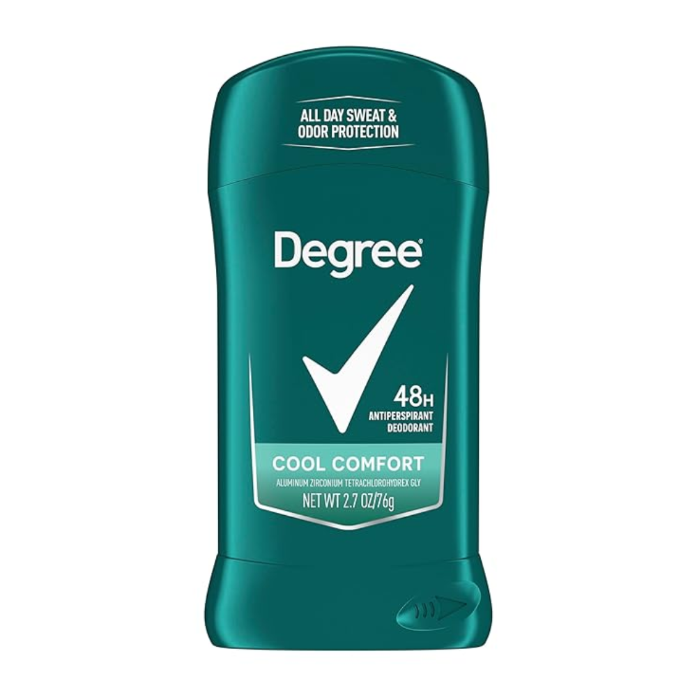 Zielony sztyft antyperspirantu z napisem \'Degree\' oraz \'48H Antiperspirant Deodorant Cool Comfort\'. Widoczny jest również tekst \'All Day Sweat & Odor Protection\' oraz \'NET WT 2.7 OZ (76g)\'.