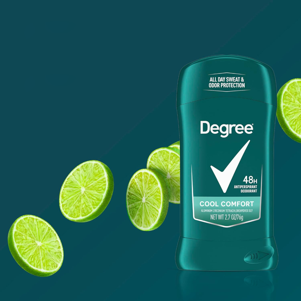 Na obrazie widoczny jest antyperspirant w sztyfcie z napisem \'Degree\' oraz \'48H Antiperspirant Deodorant\'. W tle znajdują się plasterki limonki na zielonym tle.