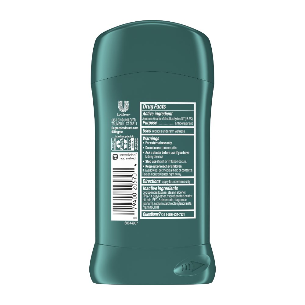 Zielony sztyft antyperspirantu z widocznymi informacjami o składnikach aktywnych, ostrzeżeniami oraz kodem kreskowym. Logo producenta to \'Unilever\'.