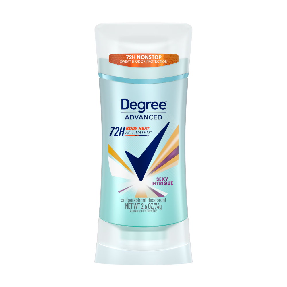 Opakowanie antyperspirantu w sztyfcie z napisem \'Degree Advanced 72H Body Heat Activated Sexy Intrigue\'. Na górze widnieje napis \'72H NONSTOP SWEAT & ODOR PROTECTION\'.