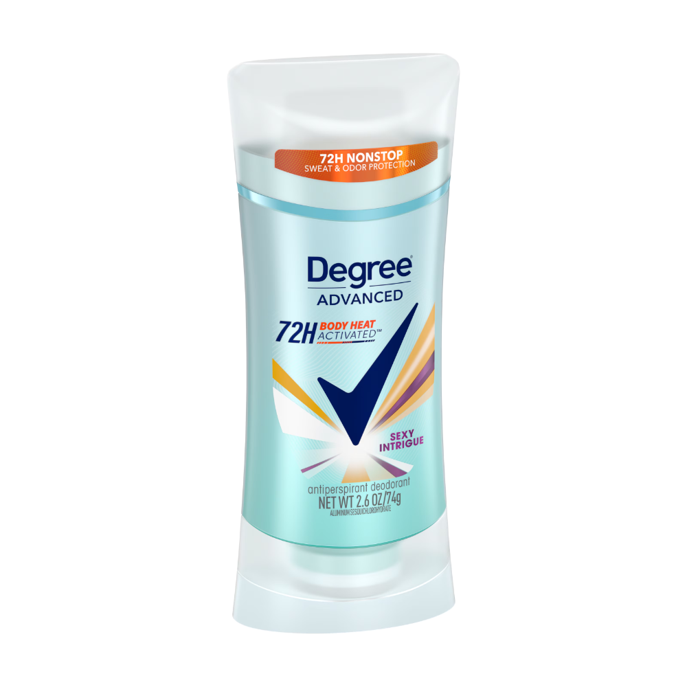 Opakowanie antyperspirantu z napisem \'Degree Advanced 72H Body Heat Activated Sexy Intrigue\'. Na górze widnieje napis \'72H Nonstop Sweat & Odor Protection\'.