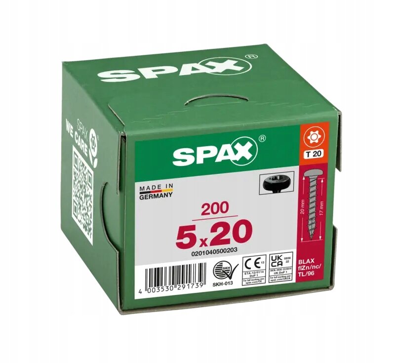 Zielone pudełko z napisem \'SPAX\' zawiera 200 wkrętów o wymiarach 5x40 mm. Na etykiecie widnieje napis \'MADE IN GERMANY\' oraz kod kreskowy.