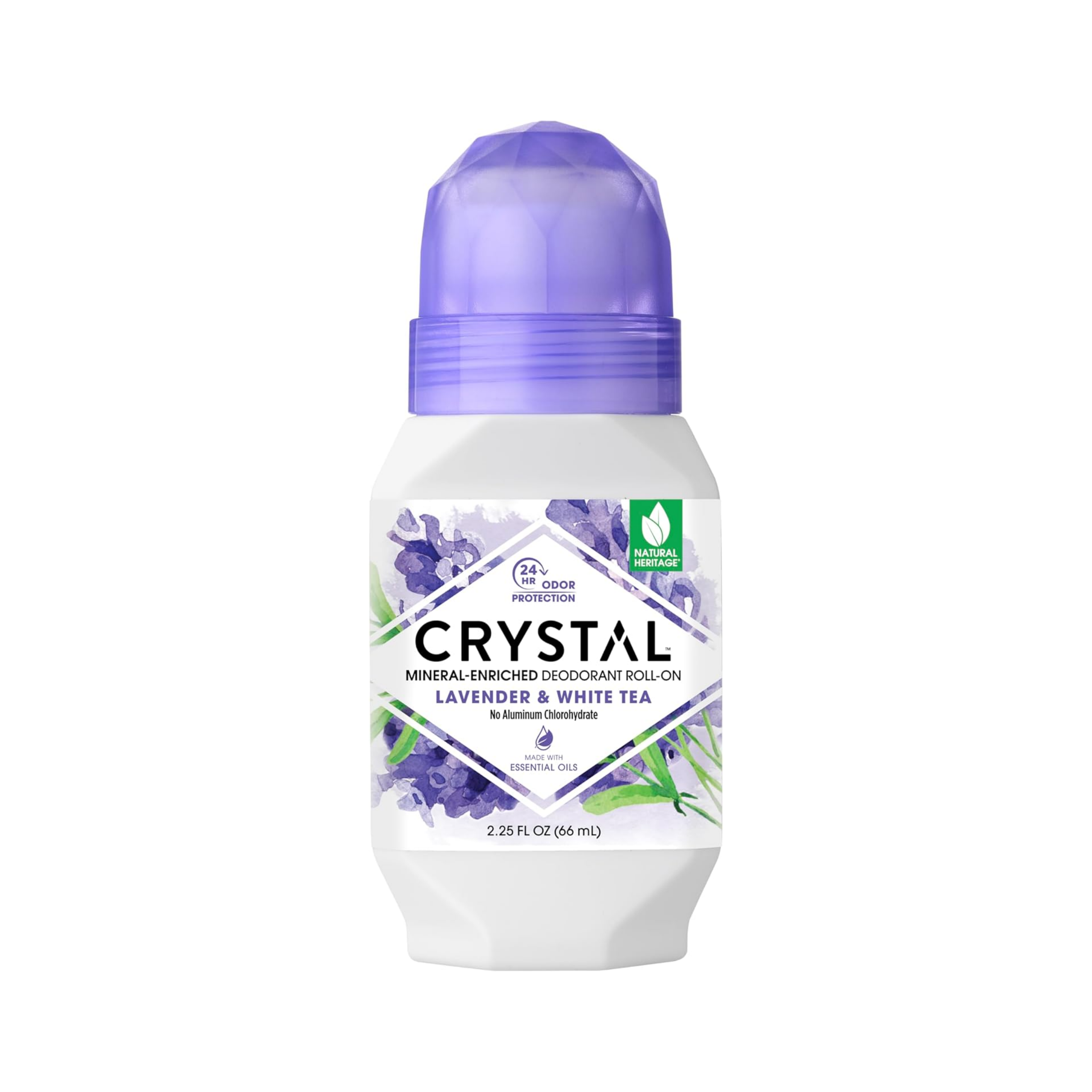 Biały dezodorant roll-on z fioletową nakrętką, na etykiecie widnieje napis: \'CRYSTAL MINERAL-ENRICHED DEODORANT ROLL-ON LAVENDER & WHITE TEA No Aluminum Chlorohydrate\'.