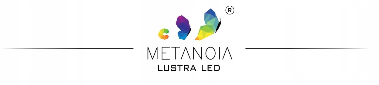 Logo z kolorowymi, geometrycznymi kształtami oraz tekstem \'METANOIA LUSTRA LED\'.