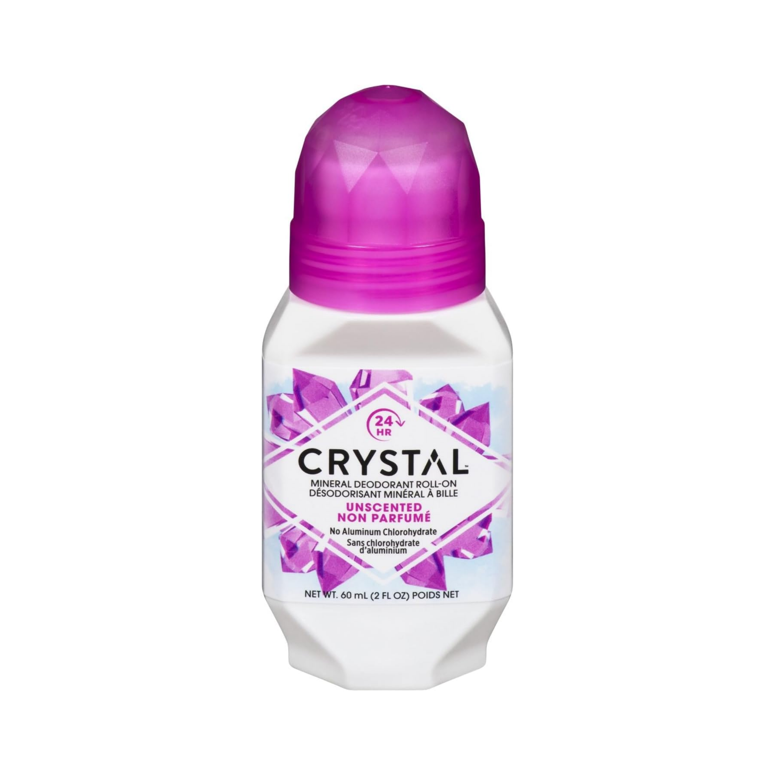 Opakowanie dezodorantu roll-on z fioletową nakrętką i grafiką kryształów. Na etykiecie widnieje tekst: \'24 HR CRYSTAL MINERAL DEODORANT ROLL-ON UNSCENTED No Aluminum Chlorohydrate\'.