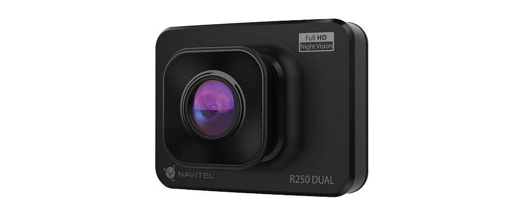 Czarny wideorejestrator z widocznym obiektywem i napisami \'NAVITEL\', \'R250 DUAL\', oraz \'Full HD Night Vision\'.
