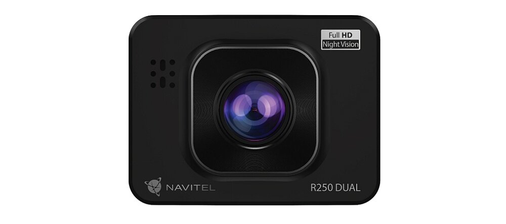 Obraz przedstawia czarny wideorejestrator z dużym obiektywem pośrodku. Widoczne są napisy: \'NAVITEL\', \'R250 DUAL\' oraz \'Full HD Night Vision\'.