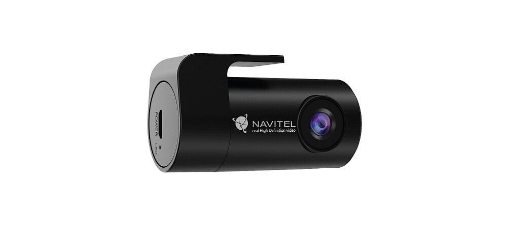 Czarny wideorejestrator z logo \'NAVITEL real High Definition video\' i widocznym obiektywem. Na bocznej części znajduje się napis \'POWER\'.
