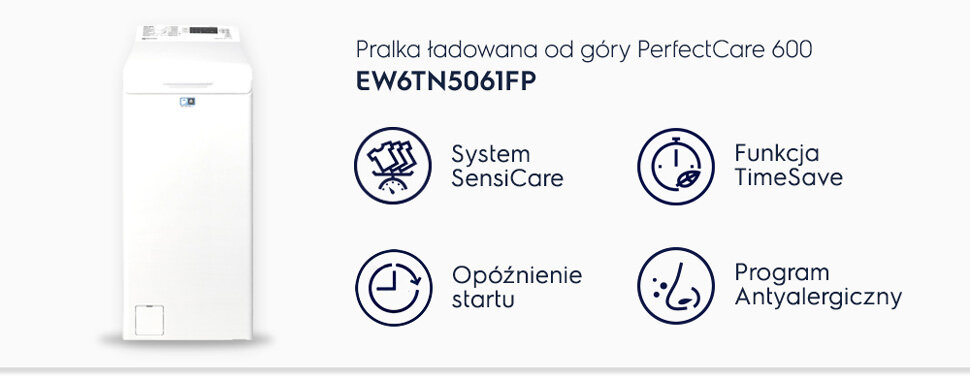 Obraz przedstawia białą pralkę ładowaną od góry z serii PerfectCare 600, model EW6TN5061FP. Obok pralki znajdują się ikony z opisami: System SensiCare, Funkcja TimeSave, Opóźnienie startu, Program Antyalergiczny.