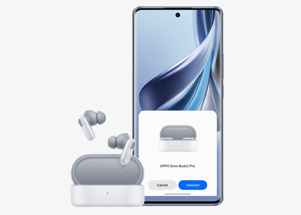 Na obrazie widoczne są białe słuchawki dokanałowe OPPO Enco Buds2 Pro oraz smartfon z ekranem wyświetlającym grafikę słuchawek i przyciski \'Cancel\' oraz \'Connect\'.