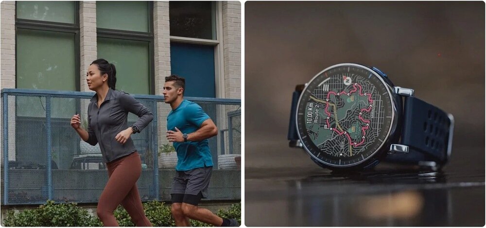 Po lewej stronie dwoje ludzi biegnie obok budynku. Po prawej stronie widoczny jest smartwatch z wyświetlaczem pokazującym mapę z trasą biegu.