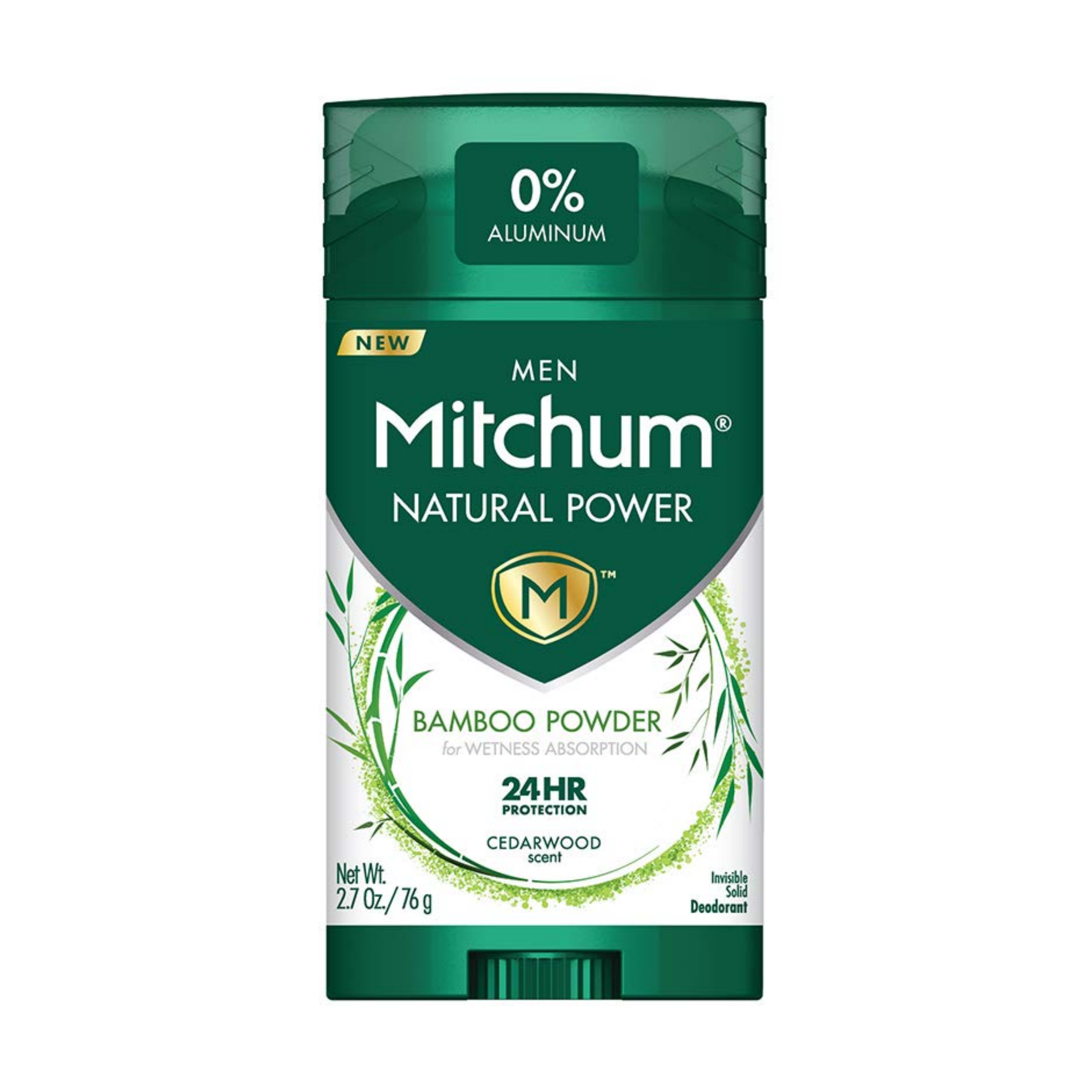 Opakowanie dezodorantu w sztyfcie Mitchum Men Natural Power o wadze 76 g, z napisem \'0% Aluminum\' i \'Bamboo Powder for Wetness Absorption\'.