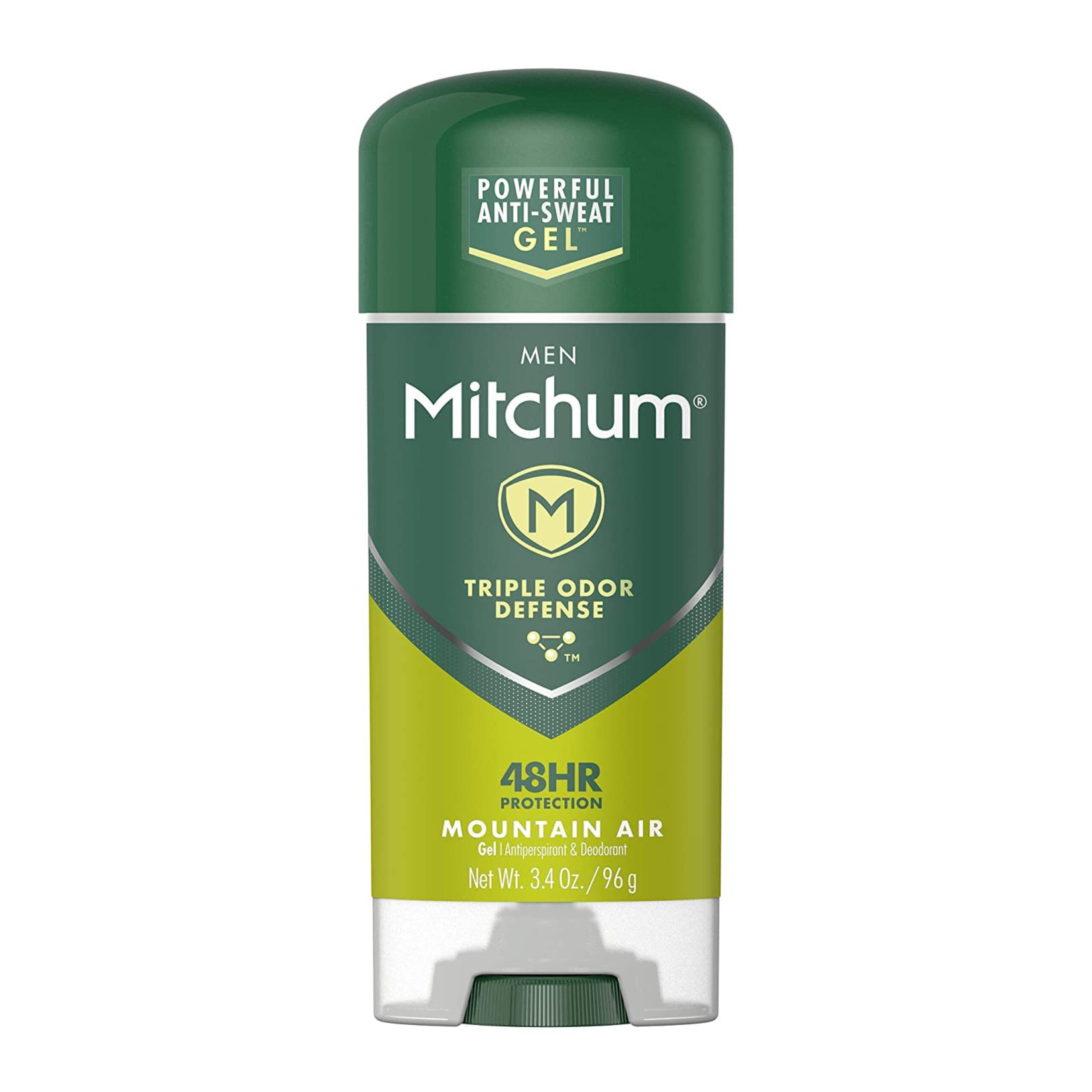 Opakowanie antyperspirantu w żelu o nazwie Mitchum, z napisem \'POWERFUL ANTI-SWEAT GEL\', \'MEN\', \'TRIPLE ODOR DEFENSE\', \'48HR PROTECTION\', \'MOUNTAIN AIR\', \'Gel Antiperspirant & Deodorant\', \'Net Wt. 3.4 OZ. / 96 g\'.