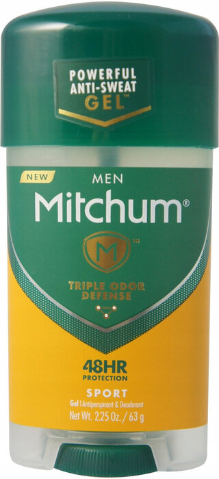 Opakowanie dezodorantu w żelu Mitchum Men o pojemności 63g z napisem \'POWERFUL ANTI-SWEAT GEL\' oraz \'TRIPLE ODOR DEFENSE\'.