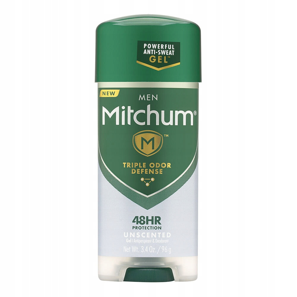 Opakowanie dezodorantu Mitchum dla mężczyzn, zielone z białymi napisami, zawiera informacje: \'Powerful Anti-Sweat Gel\', \'Triple Odor Defense\', \'48HR Protection\', \'Unscented\', \'Net Wt. 3.4 Oz./96 g\'.