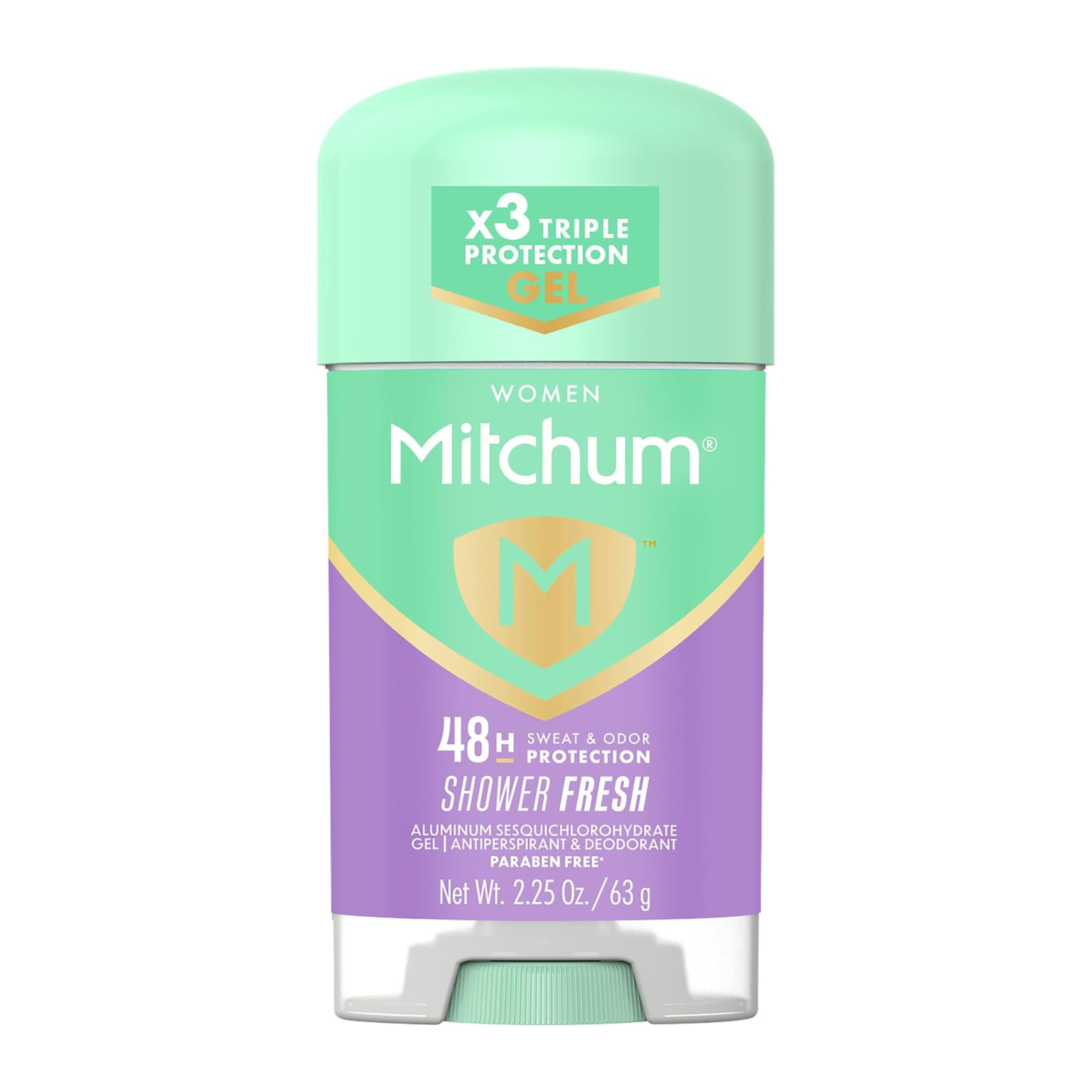 Opakowanie antyperspirantu w żelu Mitchum Women o pojemności 63g z napisem \'48H Sweat & Odor Protection Shower Fresh\'. Widoczne jest logo \'M\' oraz informacja \'X3 Triple Protection Gel\'.