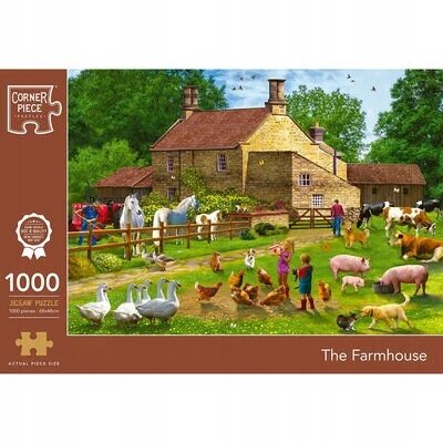 Obraz przedstawia wiejski dom otoczony zwierzętami gospodarskimi, takimi jak konie, krowy, świnie, kaczki i kury. Na opakowaniu puzzli widnieje napis \'The Farmhouse\' oraz informacja \'1000 Jigsaw Puzzle\'.