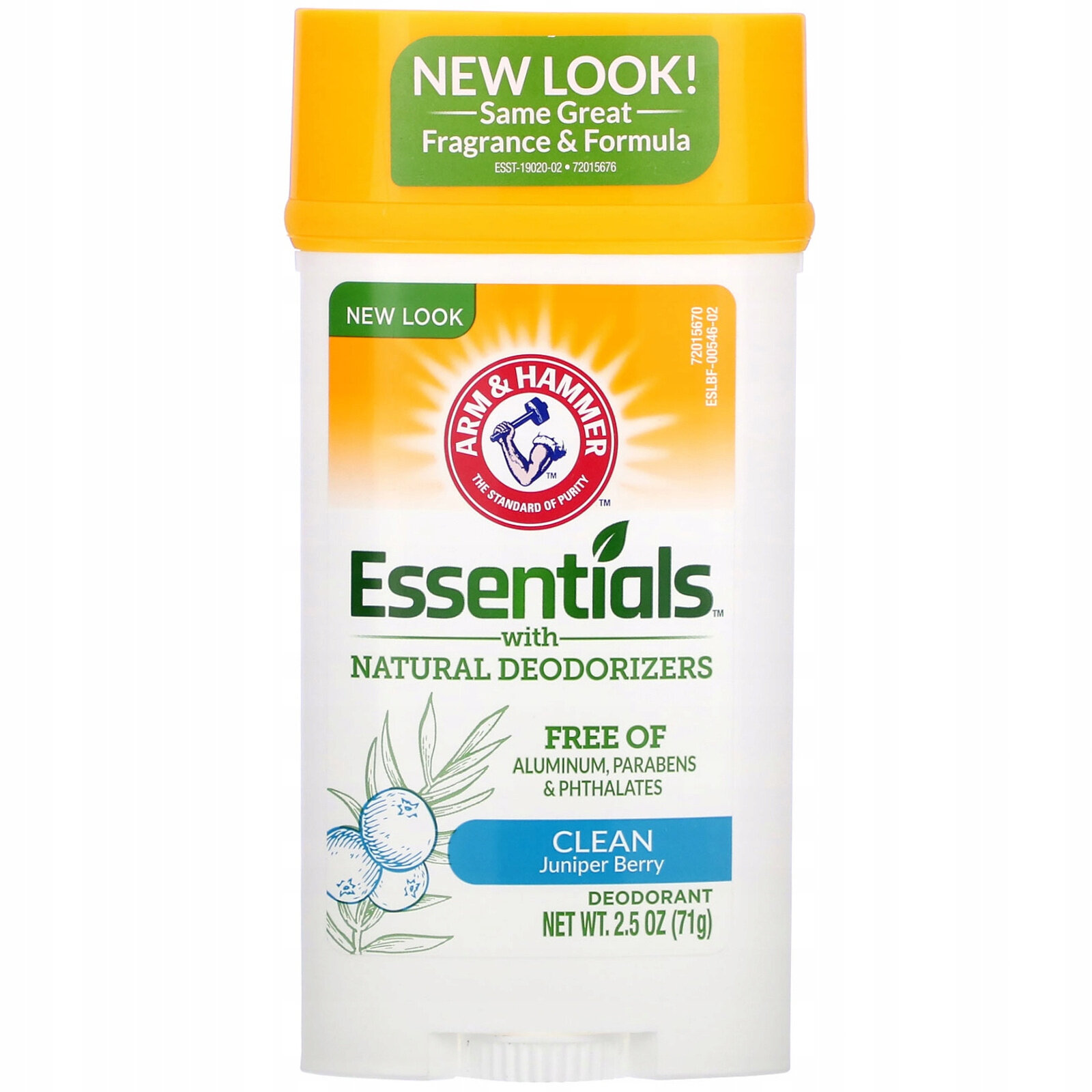 Opakowanie dezodorantu w sztyfcie z logo Arm & Hammer, z napisem \'Essentials with Natural Deodorizers\'. Produkt jest wolny od aluminium, parabenów i ftalanów, o zapachu Juniper Berry, w opakowaniu 71g.