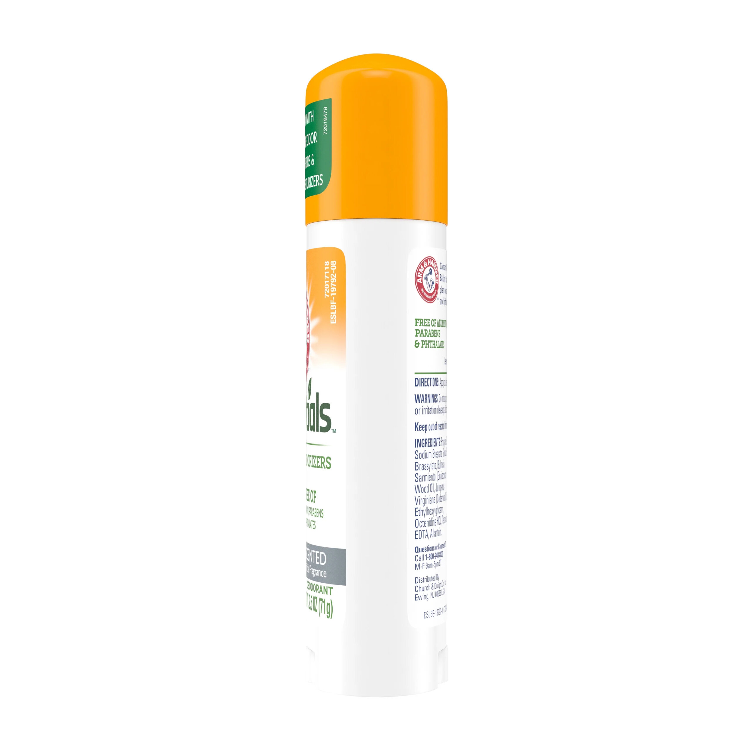 Dezodorant w sztyfcie Essentials ARM&HAMMER o pojemności 71 g z pomarańczową nakrętką i białym opakowaniem z widocznym logo ARM&HAMMER. Na opakowaniu znajdują się informacje o braku aluminium, parabenów i ftalanów.
