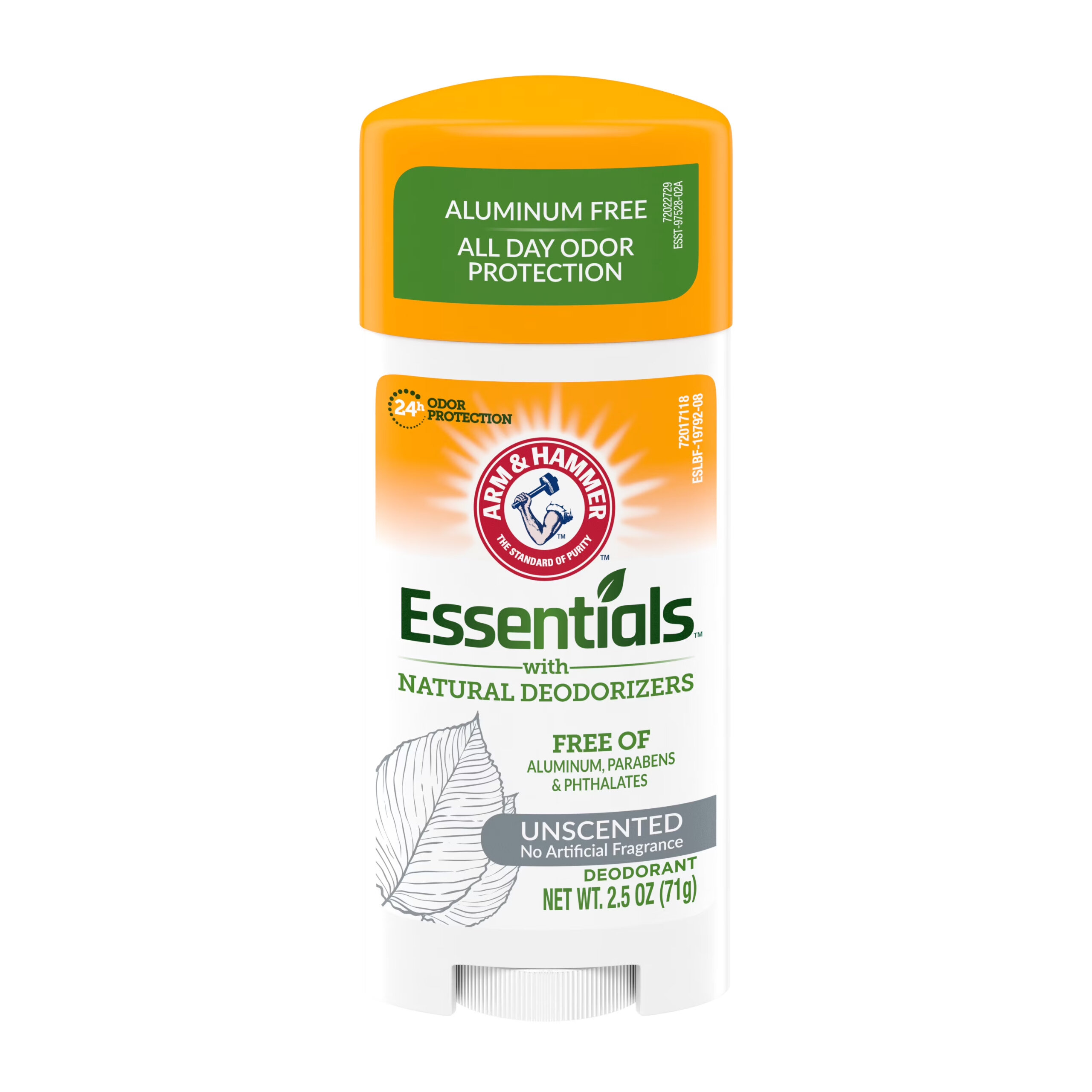 Dezodorant w sztyfcie Essentials ARM&HAMMER o pojemności 71 g, bez aluminium, parabenów i ftalanów, bezzapachowy. Na opakowaniu widnieje napis \'ALUMINUM FREE ALL DAY ODOR PROTECTION\' oraz logo ARM&HAMMER.