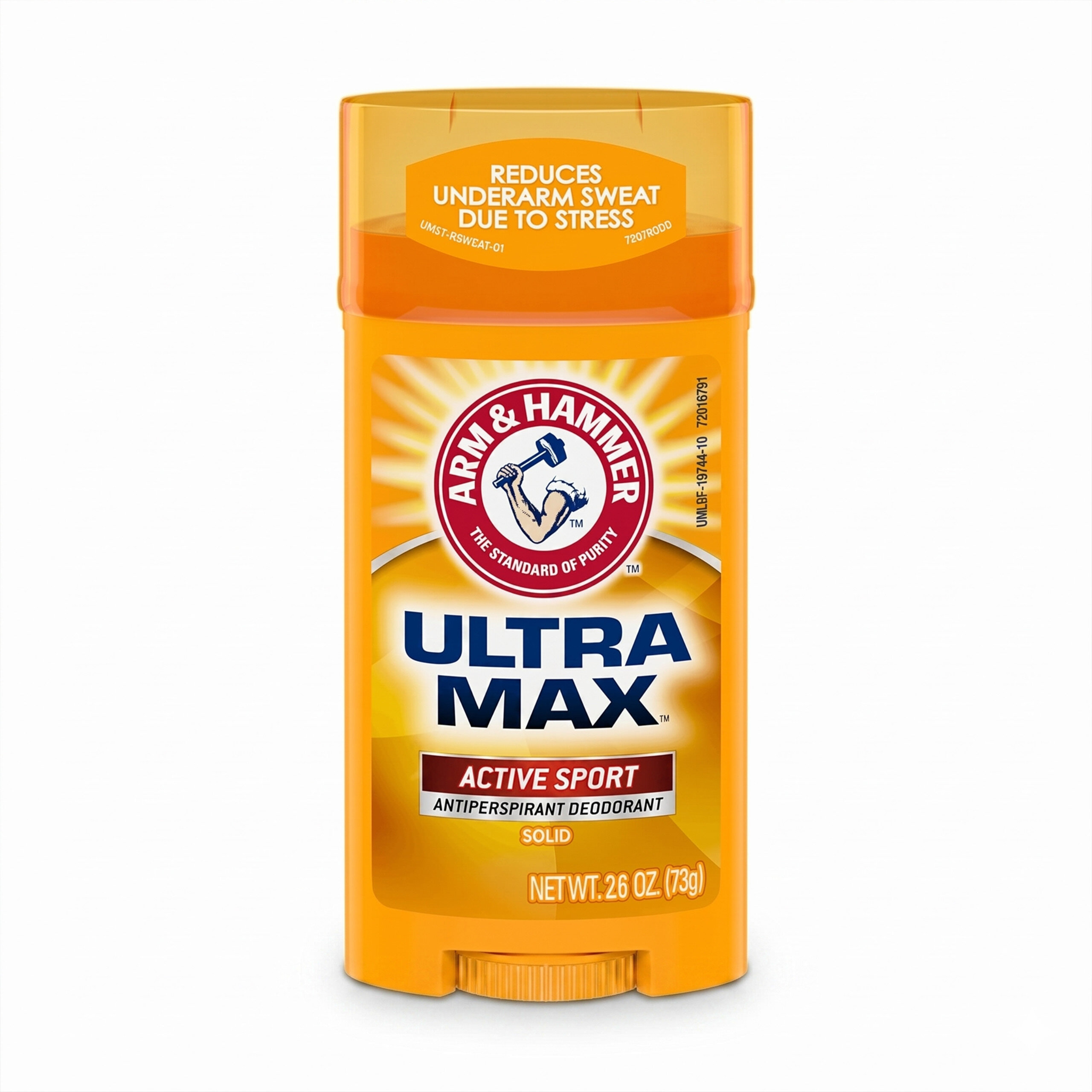 Opakowanie antyperspirantu w sztyfcie ARM & HAMMER Ultra Max Active Sport o pojemności 73 g. Na górze widoczny napis: \'REDUCES UNDERARM SWEAT DUE TO STRESS\'.