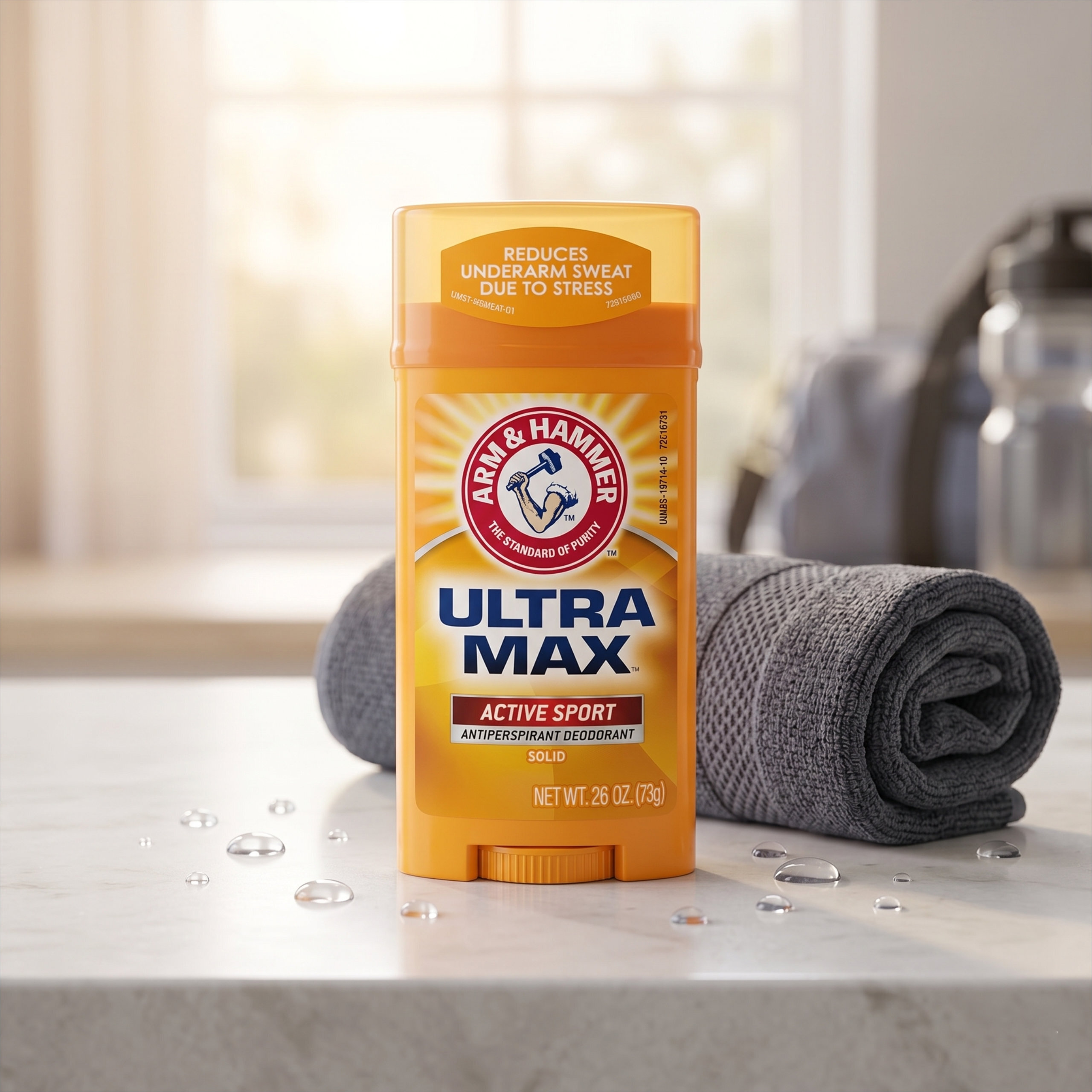 Na obrazie znajduje się pomarańczowy antyperspirant w sztyfcie z logo ARM & HAMMER i napisem \'ULTRA MAX ACTIVE SPORT\'. W tle widoczny jest szary ręcznik i rozmyte elementy wnętrza.