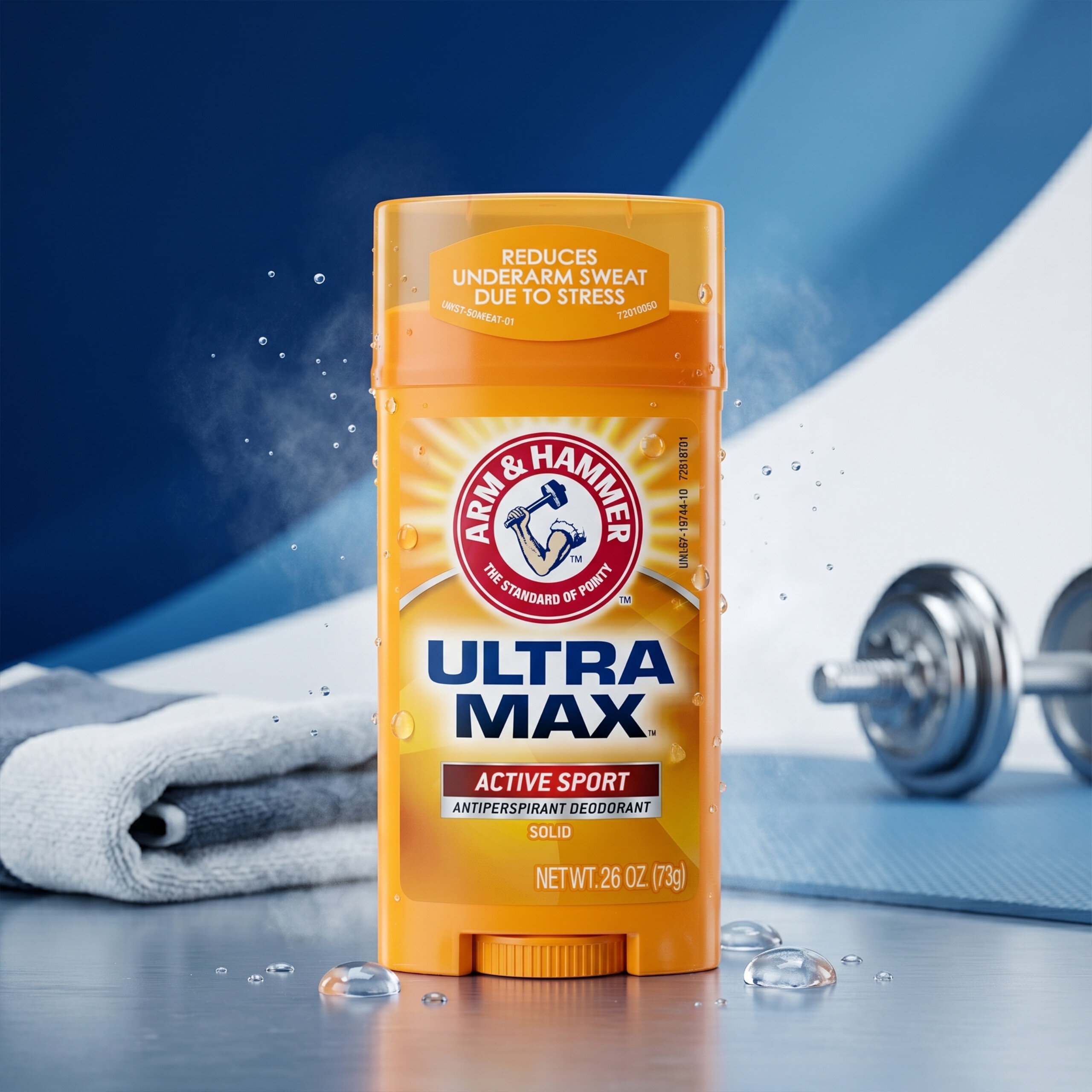 Na obrazie widoczny jest pomarańczowy antyperspirant w sztyfcie z logo ARM & HAMMER i napisem \'ULTRA MAX ACTIVE SPORT ANTIPERSPIRANT DEODORANT SOLID NET WT. 2.6 OZ (73g)\'. W tle znajduje się ręcznik i hantle na niebieskim tle.