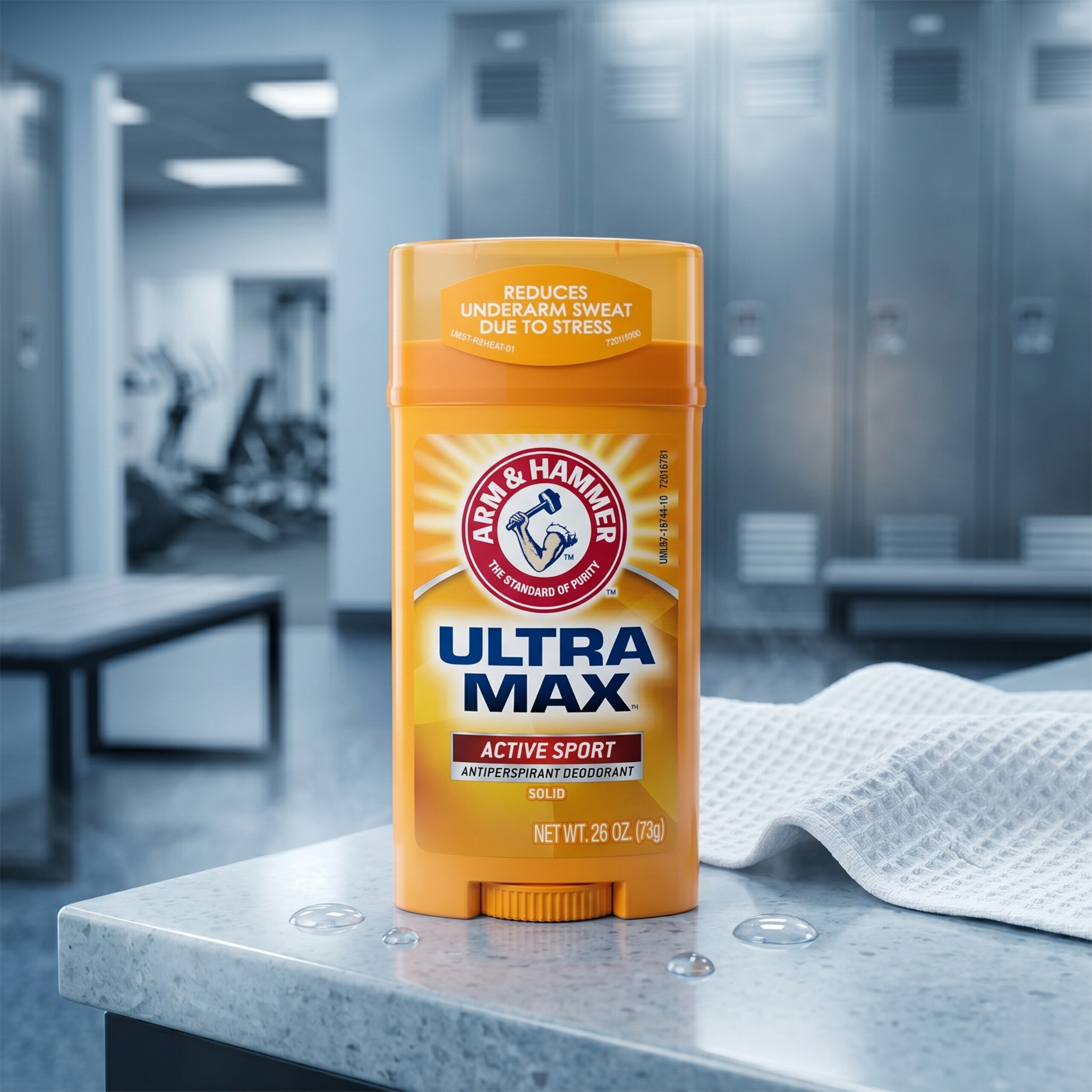 Na obrazie znajduje się pomarańczowy antyperspirant w sztyfcie ARM & HAMMER Ultra Max Active Sport o pojemności 73 g, stojący na blacie w szatni. Na opakowaniu widnieje napis: \'REDUCES UNDERARM SWEAT DUE TO STRESS\'.