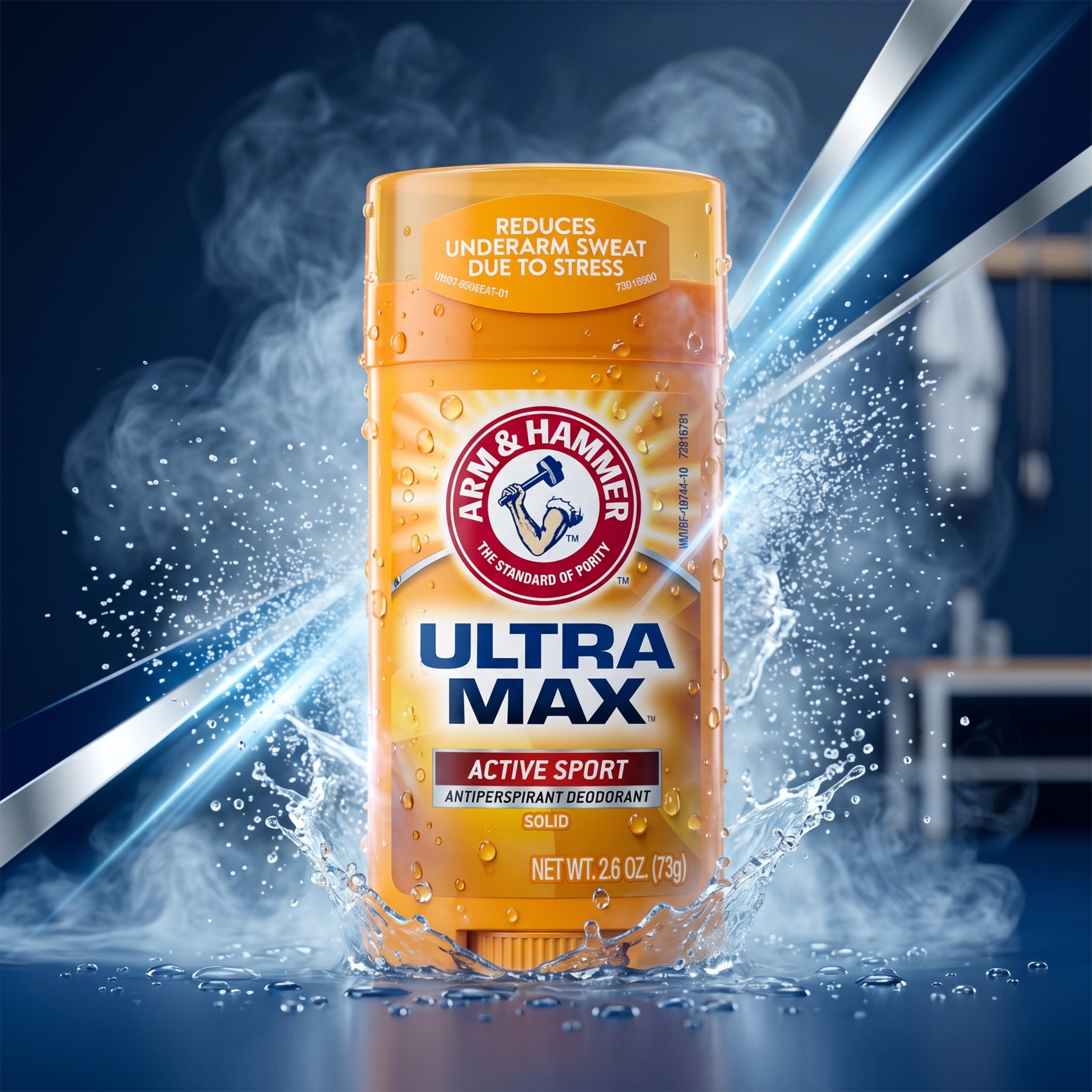 Na obrazie widoczny jest antyperspirant w sztyfcie ARM & HAMMER Ultra Max Active Sport. Na opakowaniu znajduje się napis: \'REDUCES UNDERARM SWEAT DUE TO STRESS\'.