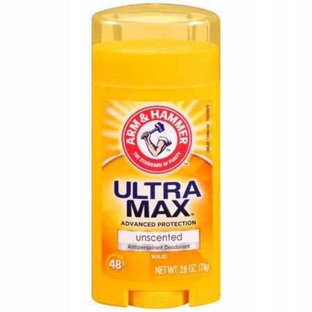 Żółty sztyft antyperspirantu z logo ARM & HAMMER na górze. Na etykiecie widnieje napis: \'ULTRA MAX ADVANCED PROTECTION unscented Antiperspirant Deodorant solid 48h NET WT 2.6 OZ (73g)\'.