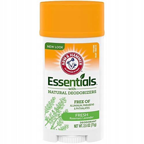 Opakowanie dezodorantu w sztyfcie z pomarańczową nakrętką i etykietą z napisem \'Essentials with Natural Deodorizers\'. Widoczny jest tekst \'FREE OF Aluminum, Parabens & Phthalates\' oraz \'FRESH Rosemary Lavender\'.