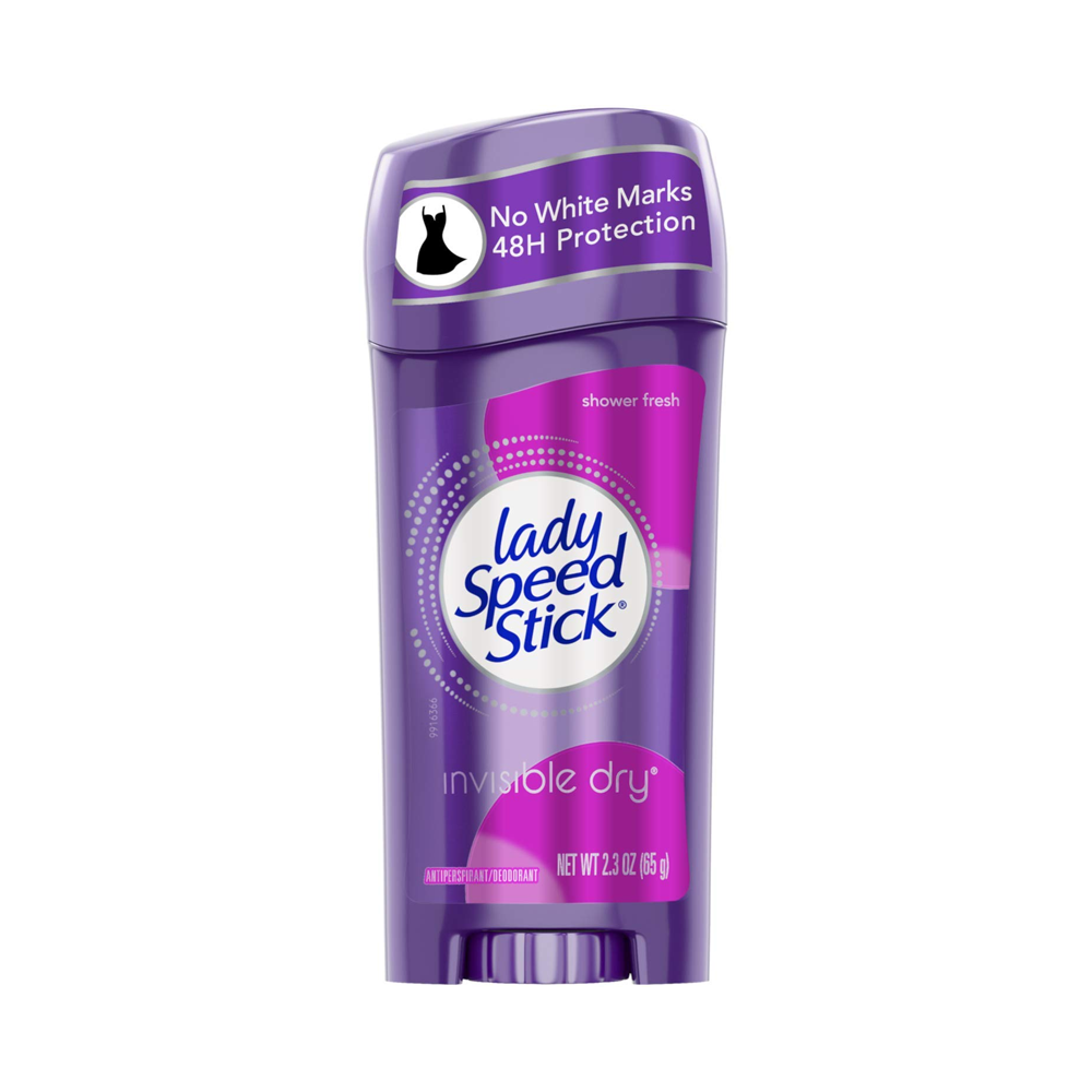 Fioletowy antyperspirant w sztyfcie Lady Speed Stick o pojemności 65 g z napisem \'No White Marks 48H Protection\'.