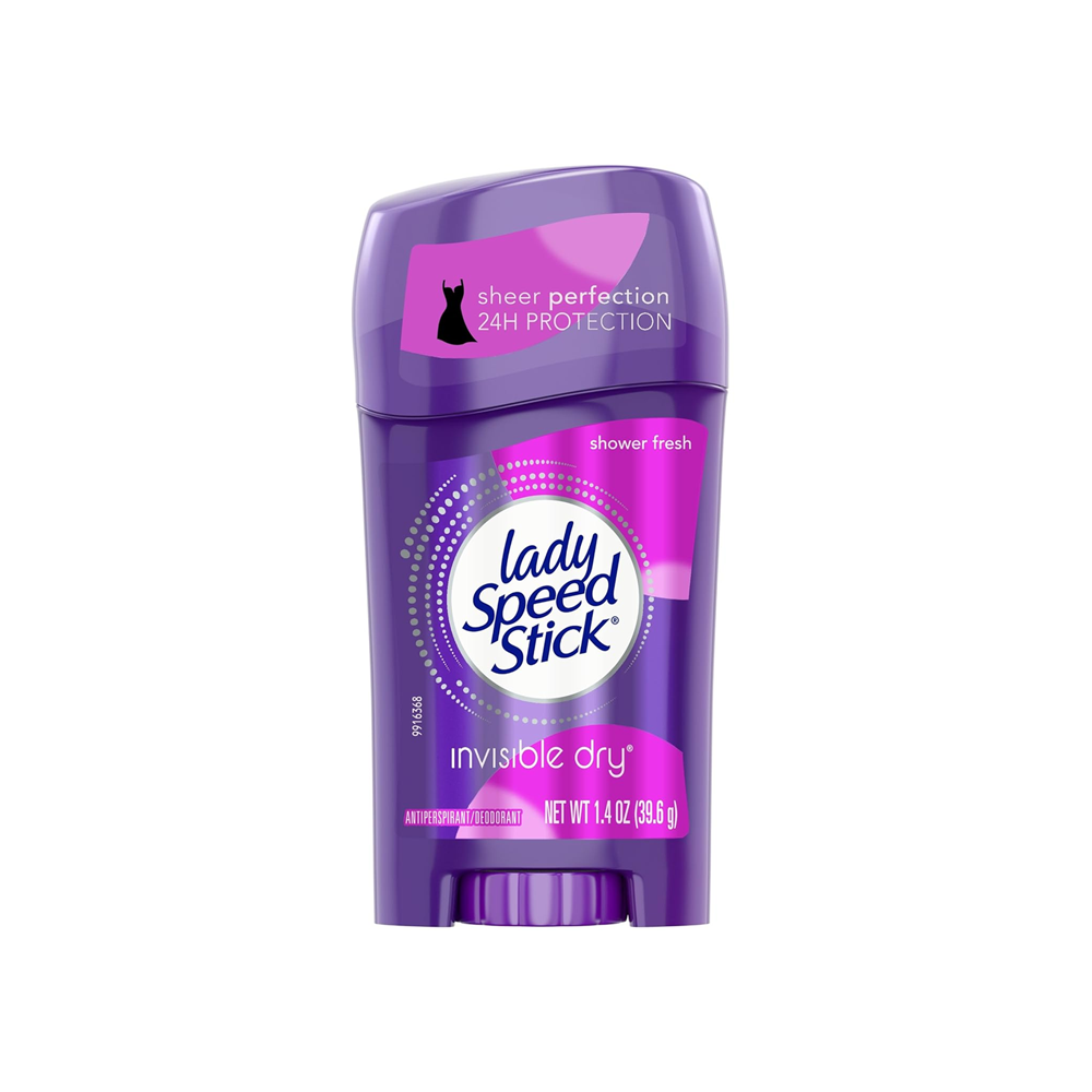 Fioletowy antyperspirant w sztyfcie marki Lady Speed Stick o pojemności 39,6 g z napisem \'sheer perfection 24H PROTECTION\' oraz \'invisible dry\'.