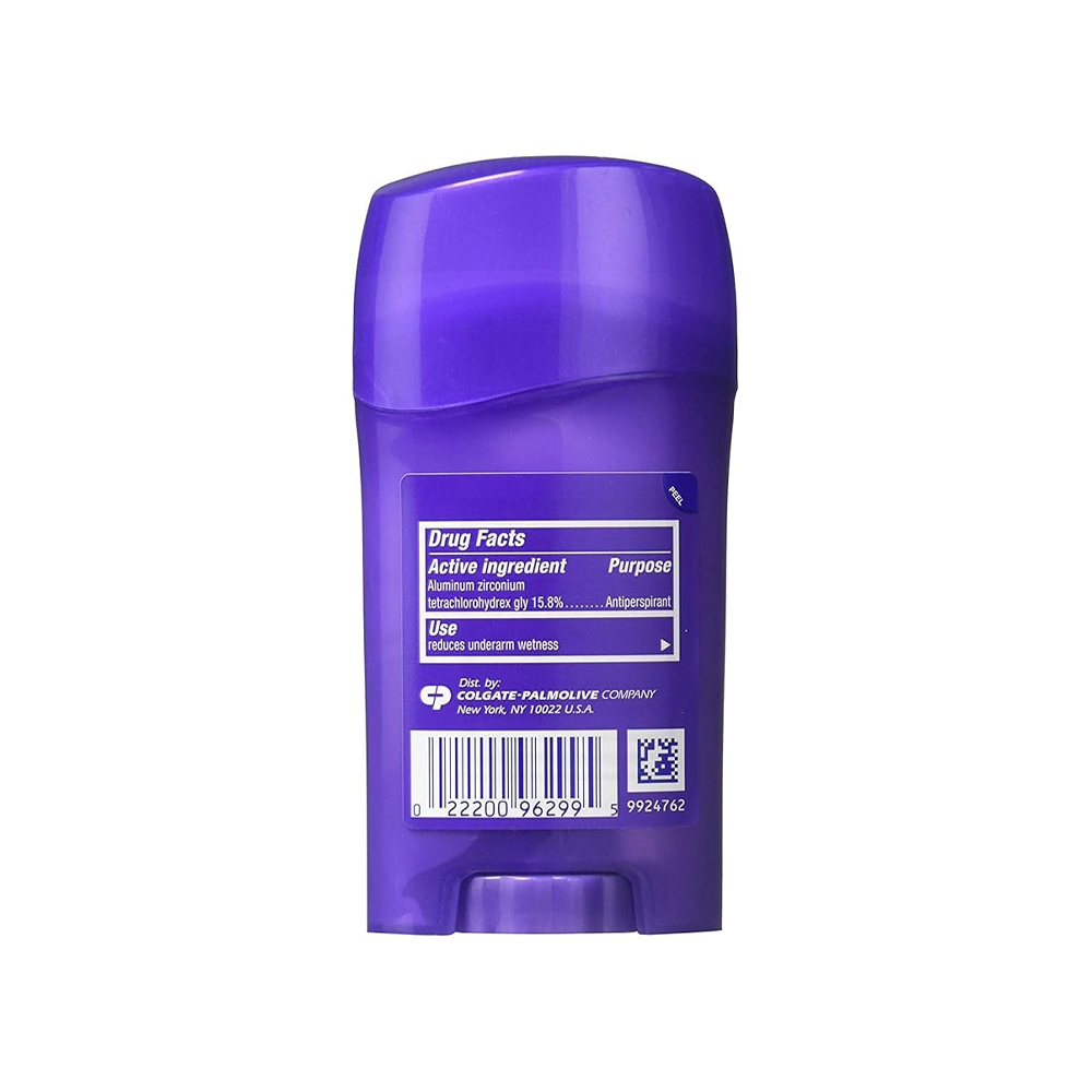 Fioletowy antyperspirant w sztyfcie z widoczną etykietą zawierającą informacje o składnikach aktywnych i ich przeznaczeniu. Na dole znajduje się kod kreskowy oraz logo Colgate-Palmolive Company.