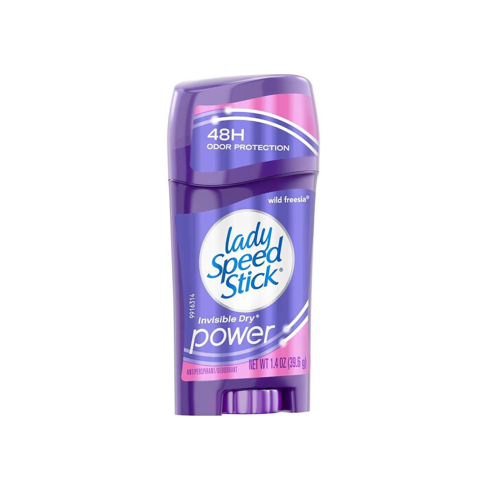 Fioletowy antyperspirant w sztyfcie z napisem \'lady Speed Stick\', \'Invisible Dry\', \'power\', \'48H ODOR PROTECTION\', \'wild freesia\'. Waga produktu to 39,6 g (1.4 oz).