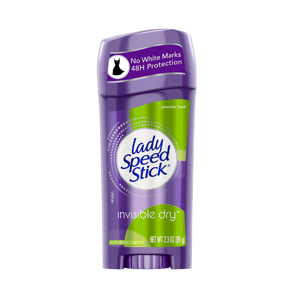 Fioletowy antyperspirant w sztyfcie marki Lady Speed Stick o zapachu \'powder fresh\', z napisem \'No White Marks 48H Protection\'. Opakowanie zawiera informacje \'invisible dry\' oraz \'NET WT 2.3 OZ (65 g)\'.