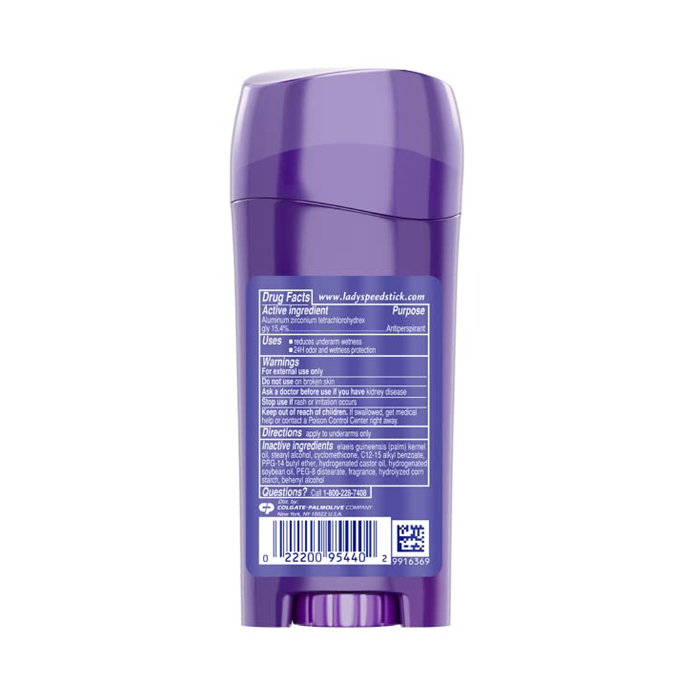 Fioletowy antyperspirant w sztyfcie z widoczną etykietą zawierającą informacje o składnikach i ostrzeżeniach. Na dole znajduje się kod kreskowy i logo Colgate-Palmolive Company.