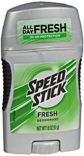 Antyperspirant dezodorant męski w sztyfcie z napisem \'Speed Stick Fresh Deodorant\'. Opakowanie jest szare z zielonymi elementami i informacją \'ALL DAY FRESH 24 HR PROTECTION\'.