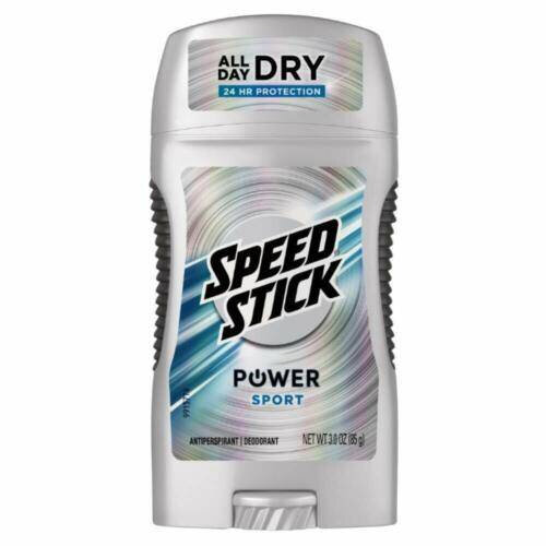 Opakowanie dezodorantu antyperspirantu w sztyfcie z napisem \'Speed Stick Power Sport\'. Na górze widnieje tekst \'ALL DAY DRY 24 HR PROTECTION\'.