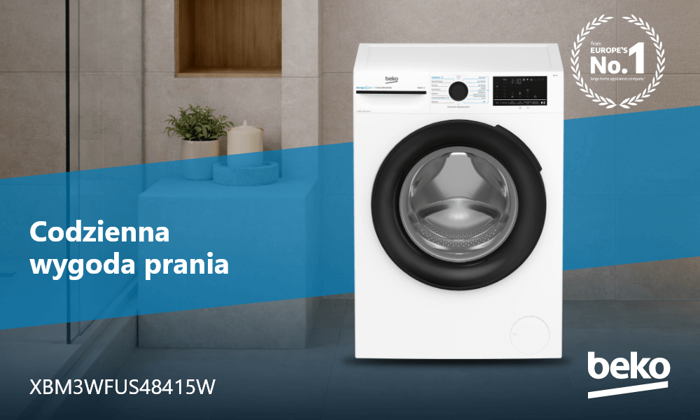 PRALKA BEKO 8 KG SLIM XBM3WFUS48415W Pralka Beko ładowana od frontu pokazana jest w aranżacji łazienki z hasłem „Codzienna wygoda prania” oraz oznaczeniem modelu XBM3WFUS48415W. W prawym górnym rogu widoczny jest znak „from Europe’s No.1”