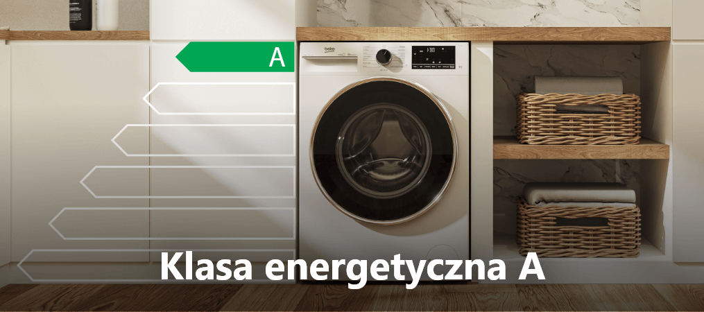 PRALKA BEKO 8 KG SLIM XBM3WFUS48415W Pralka umieszczona w zabudowie przedstawiona jest z oznaczeniem klasy energetycznej A. Graficzna skala podkreśla poziom efektywności energetycznej oszczędność klasa energetyczna A wydaje skuteczne pranie oszczędność energii niskie rachunki