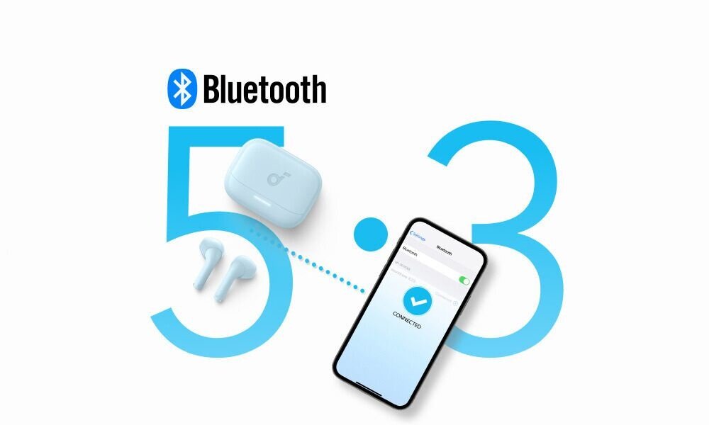 Na obrazie widoczne są niebieskie słuchawki douszne z etui oraz smartfon z ekranem pokazującym połączenie Bluetooth. Obok znajduje się duży napis \'Bluetooth 5.3\'.
