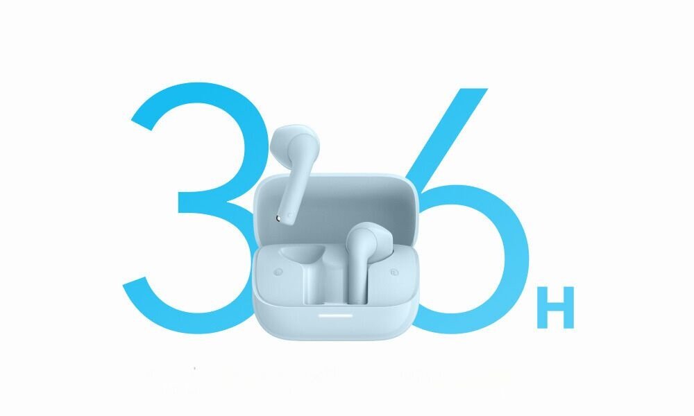 Niebieskie słuchawki douszne w etui, na tle dużego napisu \'36 H\'.