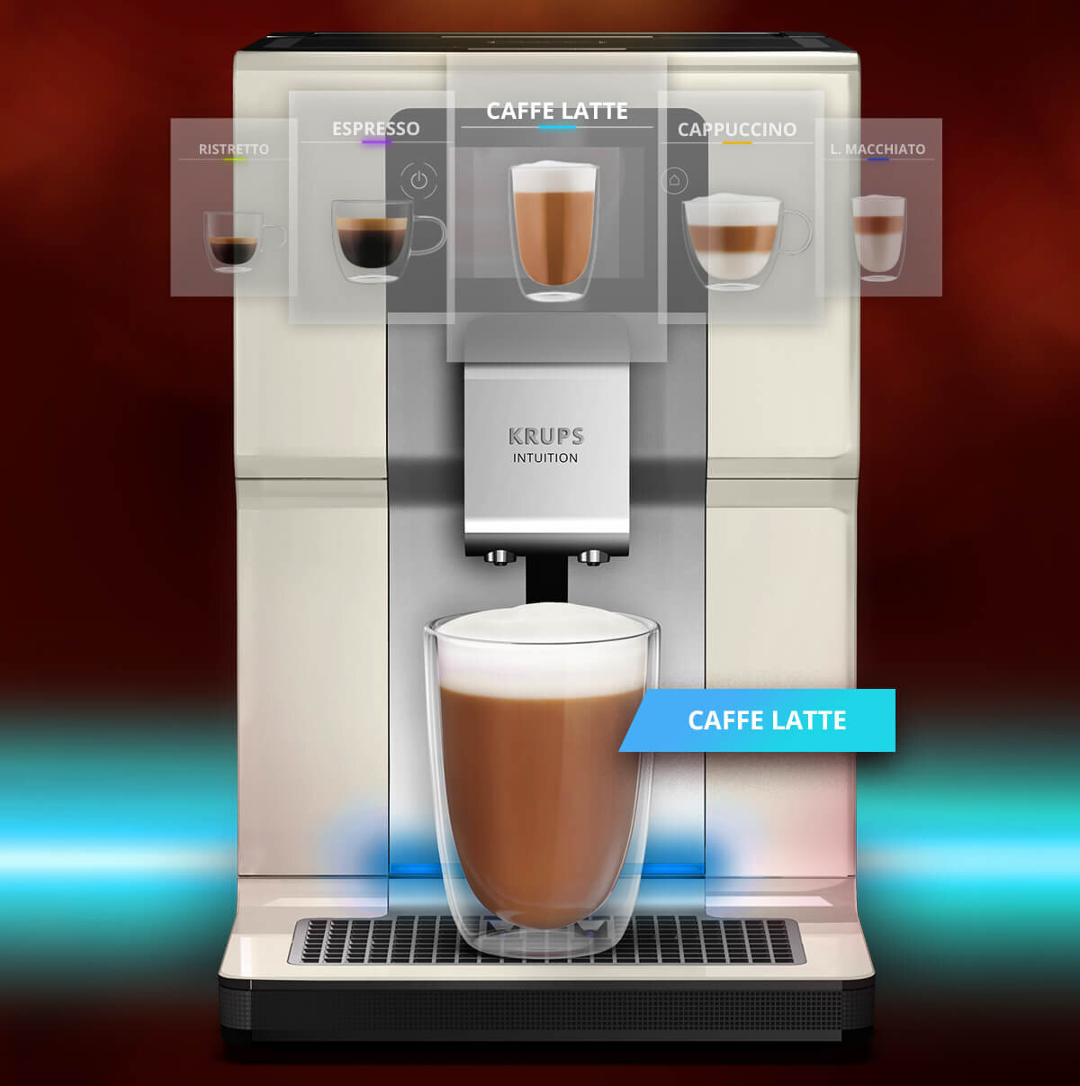 Ekspres do kawy z wyświetlaczem pokazującym różne rodzaje kaw, takie jak Ristretto, Espresso, Caffe Latte, Cappuccino i L. Macchiato. Na ekspresie widoczne jest logo \'KRUPS Intuition\', a na ekranie podświetlona jest opcja \'CAFFE LATTE\'.
