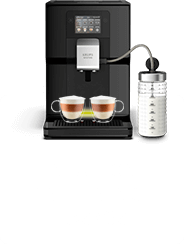 Czarny ekspres do kawy z wyświetlaczem dotykowym, przygotowujący dwa cappuccino. Obok znajduje się pojemnik na mleko z podziałką.