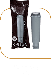Na obrazie widoczny jest filtr do wody w opakowaniu oraz wyjęty z opakowania. Na opakowaniu znajduje się logo KRUPS, a poniżej napis \'Filtr do wody F08801\'.